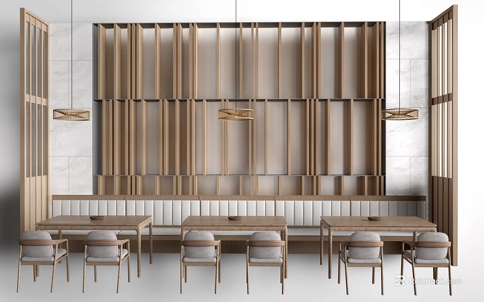 Modern Wooden Dining Table Set With Matching Chairs Pendant Lights And Wooden Panel Wall 3d model 