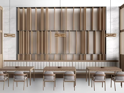 Modern Wooden Dining Table Set With Matching Chairs Pendant Lights And Wooden Panel Wall 3d model