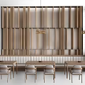 Modern Wooden Dining Table Set With Matching Chairs Pendant Lights And Wooden Panel Wall