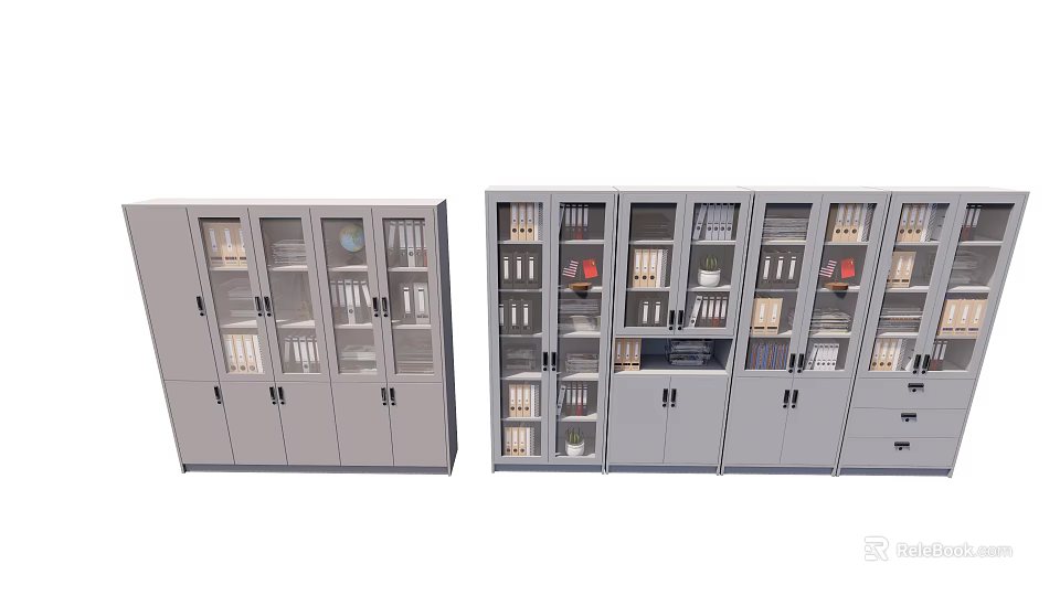 Modern Office Storage Cabinets With Glass Doors Drawers And Organized Files 3d model 
