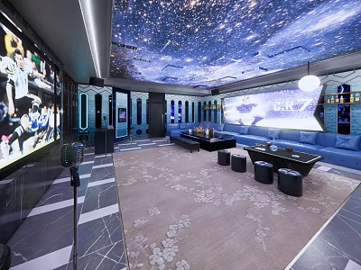 Modern KTV Interior With Starry Sky Ceiling Large Screen Comfortable Sofa Coffee Tables And Microphone 3d model