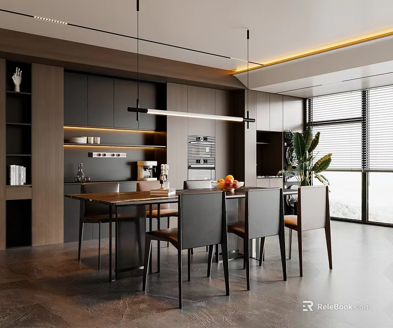 Modern Restaurant Interior Design With Dining Table Chairs Hanging Lights Plants And Large Windows 3d model 