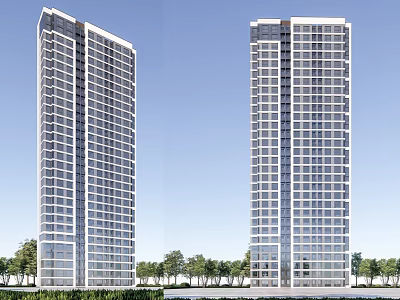 Modern High Rise Residential Buildings Featuring Glass Curtain Walls And Surrounding Trees 3d model