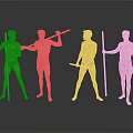 Shirtless Men In Black Shorts Holding Long Sticks In Various Poses On Grey Reflective Floor