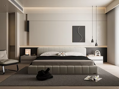 Modern Minimalist Bedroom Interior With Upholstered Bed Abstract Art Area Rug And Recessed Lighting 3d model