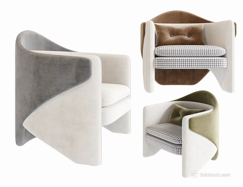 Modern Single Sofa in Velvet with Gray Brown Green Tones and Cushioned Armrest Design 3d model 