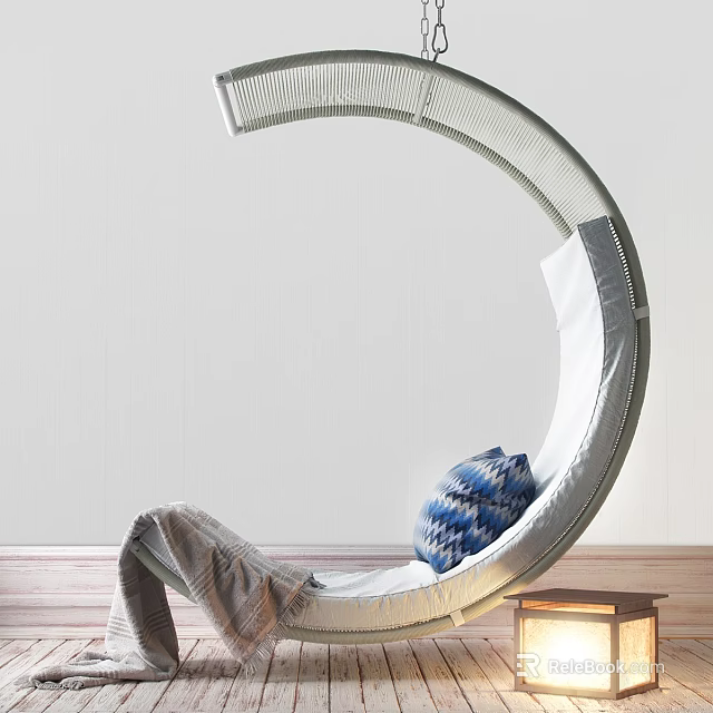 Stylish Modern Hanging Chair With Curved Frame And Blue Patterned Pillow For Home Comfort 3d model 