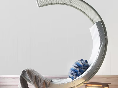 Stylish Modern Hanging Chair With Curved Frame And Blue Patterned Pillow For Home Comfort 3d model