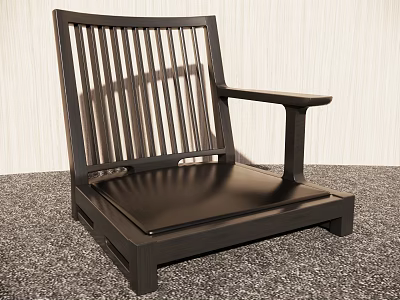 Dark Wooden Leisure Chair With Vertical Slat Back Armrest On Gray Carpet 3d model