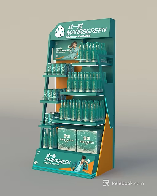 Green Beverage Display Rack With Bottles And Boxed Products In Store 3d model 