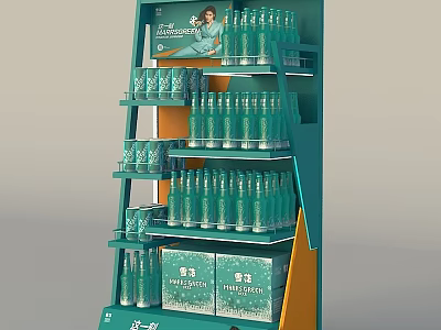 Green Beverage Display Rack With Bottles And Boxed Products In Store 3d model