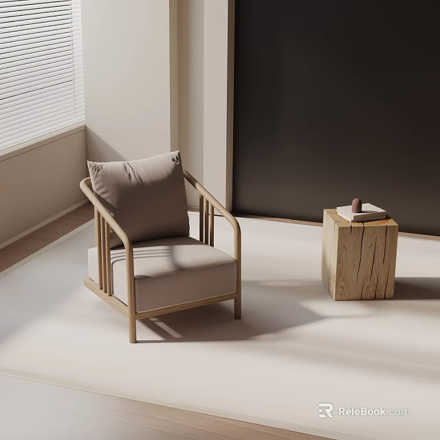 Modern Minimalist Leisure Chair with Wooden Frame Light Gray Cushion and Small Side Table 3d model 