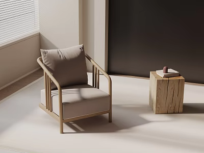 Modern Minimalist Leisure Chair with Wooden Frame Light Gray Cushion and Small Side Table 3d model
