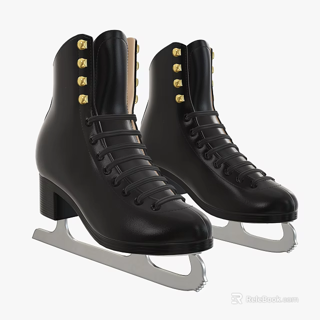 Classic Black Ice Skates Featuring Gold Buttons Laces And Metal Blades 3d model 