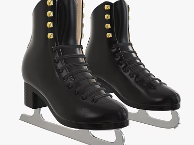 Classic Black Ice Skates Featuring Gold Buttons Laces And Metal Blades 3d model