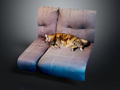 Cute Tabby Cat Lying Relaxed On Soft Purple And Blue Sofa 3d model