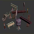 Road Construction Scene Components With Traffic Cones Barriers Sandbag Metal Rails And Stop Sign