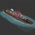 Vintage Red And White Warship Sailing On Blue Water With Smoke Stacks