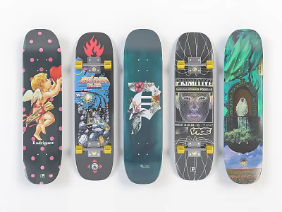 Assorted Skateboard Decks With Diverse Artistic Graphics And Creative Designs 3d model
