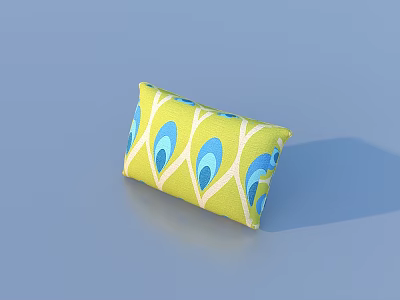 Stylish Yellow Decorative Pillow With Blue Peacock Feather Pattern For Home 3d model