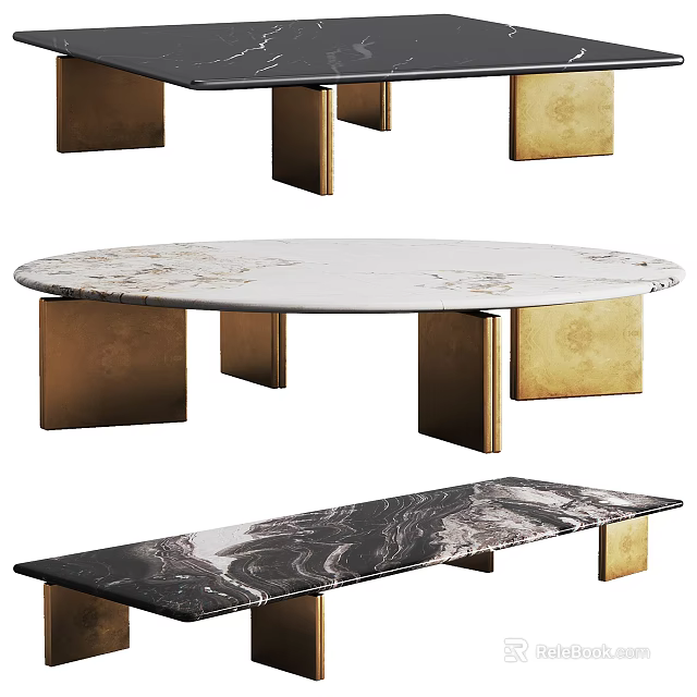 Modern Coffee Table Design With Marble Top Golden Metal Legs Oval And Rectangular Shapes 3d model 