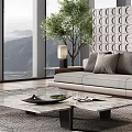 Modern Living Room With Large Windows Mountain View Gray Sofa Circular Pattern Wall Green Plant