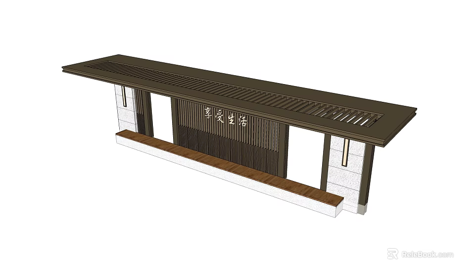 Modern Pergola Structure With Wooden Lattice Roof And Stone Support Columns 3d model 
