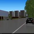 Modern Residential Landscape Design with Apartment Buildings Willow Trees Rocks and Car on Road