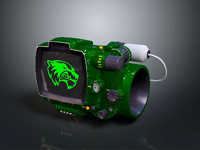 Green Daily Life Device With Wolf Head Screen Buttons Knobs And Cable 3d model