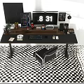 Desk Setup with Dual Monitors Keyboard Mouse Lamp Plants and Black Chair on Checkered Rug