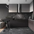 Modern Living and Dining Area Interior With Grey Sofa Black Wall And Marble Countertop