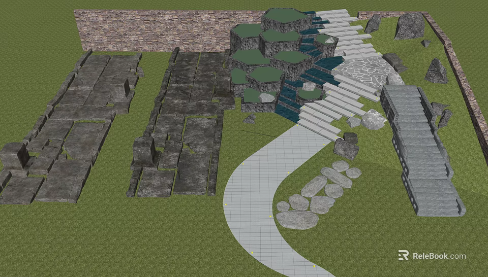 Natural Garden Stepping Stones Winding Path With Green Grass And Stone Slabs 3d model 