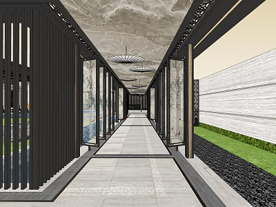 Garden Landscape Corridor With Black Pillars Marble Floor Stone Walls And Greenery 3d model
