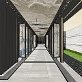 Garden Landscape Corridor With Black Pillars Marble Floor Stone Walls And Greenery