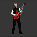 Man With Blonde Hair Wearing Glasses White Shirt Black Vest And Red Electric Guitar