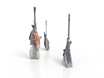 Hanging Aquatic Animals Fish In Different Sizes And Colors Displayed On Hooks 3d model