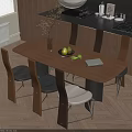 Rectangular White Marble Dining Table with Brown Black White Chairs in Kitchen 3d model