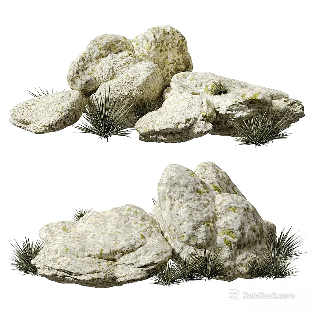 Natural Garden Ornament With Stacked Stones And Small Green Grass Plants 3d model 