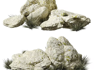 Natural Garden Ornament With Stacked Stones And Small Green Grass Plants 3d model