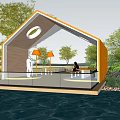 Modern Wooden Pergola in Outdoor Natural Landscape with Water Reflection People Seating and Warm Lighting