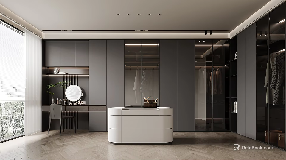 Modern Walk In Closet Interior With Dressing Table And Island Cabinet 3d model 