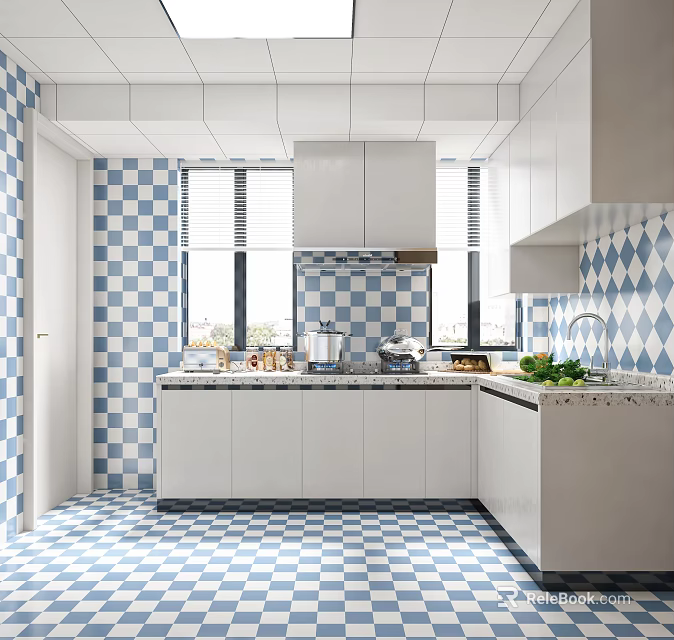 Blue And White Checkered Kitchen Interior With White Cabinets And Windows 3d model