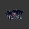 Whimsical Paper Art Forest With Tall Trees Small Cabin Snowy Ground Ladder Fence And Pig
