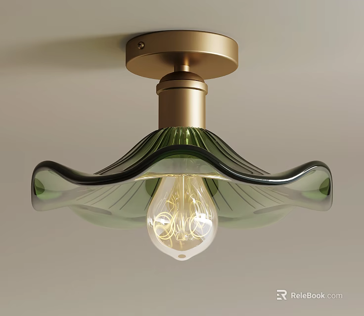 Stylish Ceiling Light with Golden Base and Green Wave Shaped Lampshade Featuring Spiral Bulb 3d model 