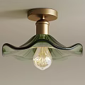 Stylish Ceiling Light with Golden Base and Green Wave Shaped Lampshade Featuring Spiral Bulb