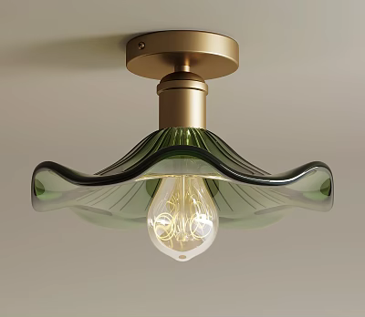 Stylish Ceiling Light with Golden Base and Green Wave Shaped Lampshade Featuring Spiral Bulb 3d model