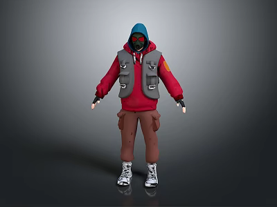 A Man wearing red hoodie gray vest brown pants white shoes blue hat red mask 3d model