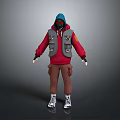 A Man wearing red hoodie gray vest brown pants white shoes blue hat red mask