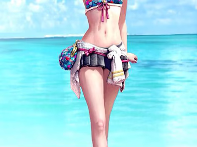 Woman In Colorful Bikini With Sarong And Beach Bag Standing By Blue Sea Water 3d model