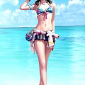 Woman In Colorful Bikini With Sarong And Beach Bag Standing By Blue Sea Water